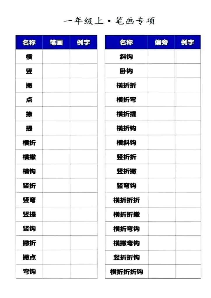 一年级上册语文笔画、偏旁专项训练