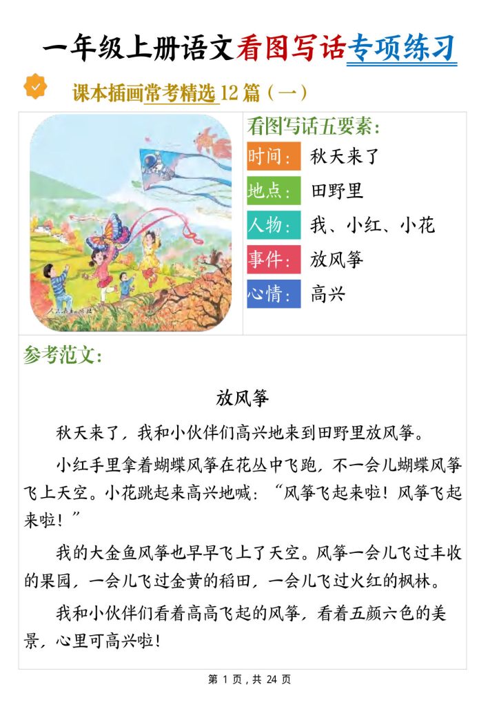 一年级上册语文看图写话专项练习常考精选12篇（含范文24页）