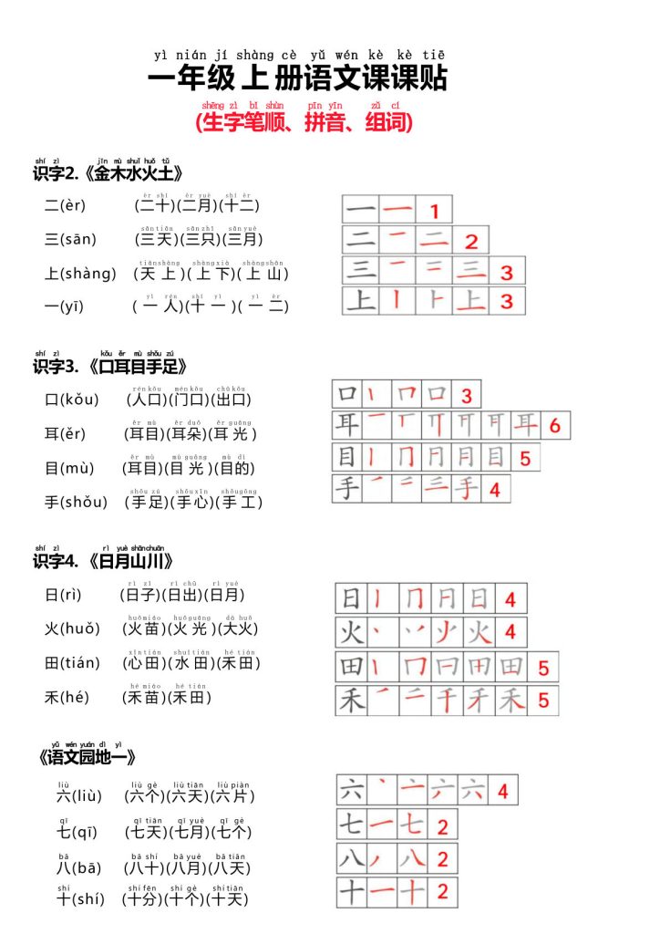 【24秋新版-课课贴（生字笔顺、拼音、组词）】一年级上册语文