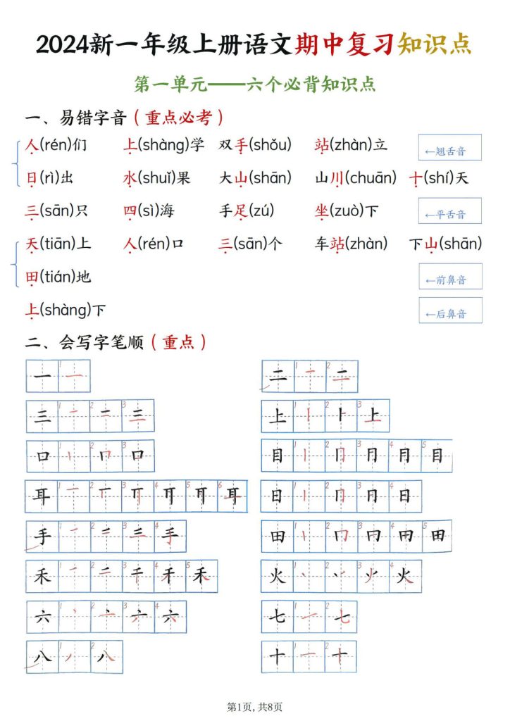【期中复习:单元必背知识点】一年级上册语文