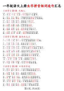 一年级语文上册生字拼音组词造句汇总