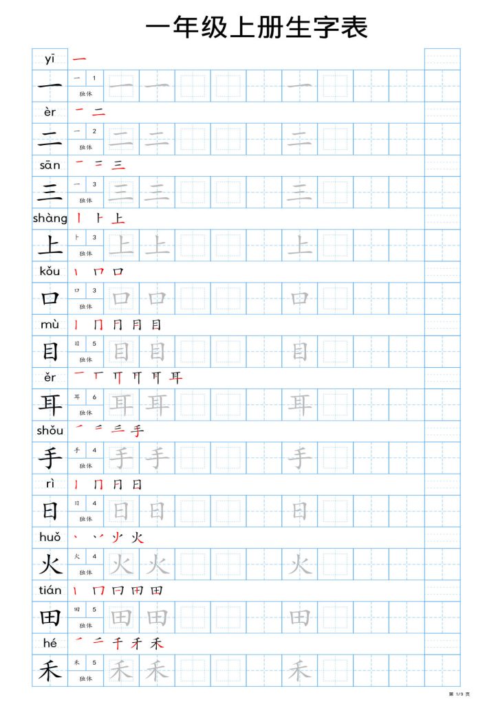 【24秋新版-生字表字帖-蓝版】一年级上册语文