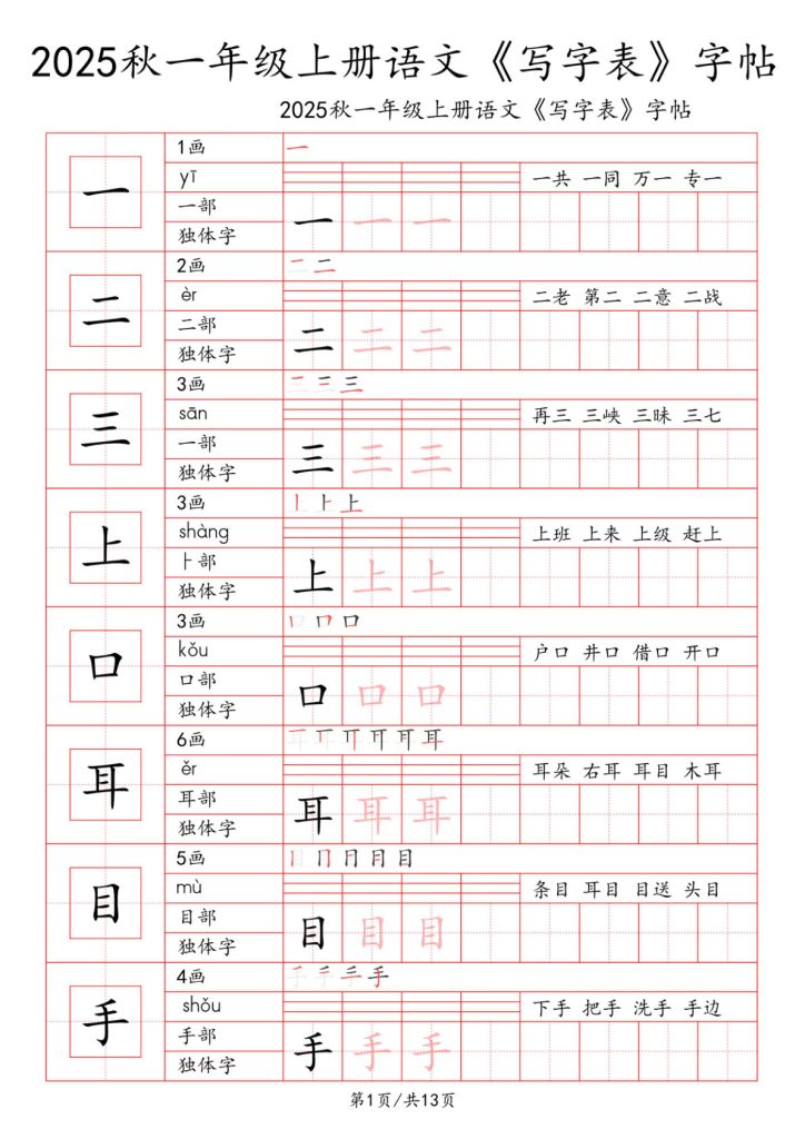 一年级上册语文【2025秋《写字表》一类字字帖】