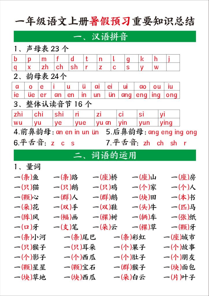 一年级上册语文【暑假预习重要知识总结】