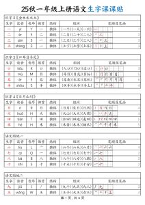 【25秋一年级上册语文生字课课贴（6页）