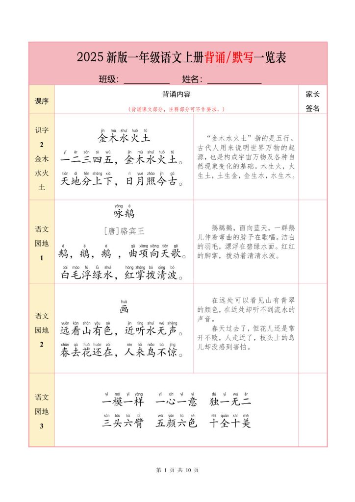 一年级上册语文【25秋-必背内容+默写表】