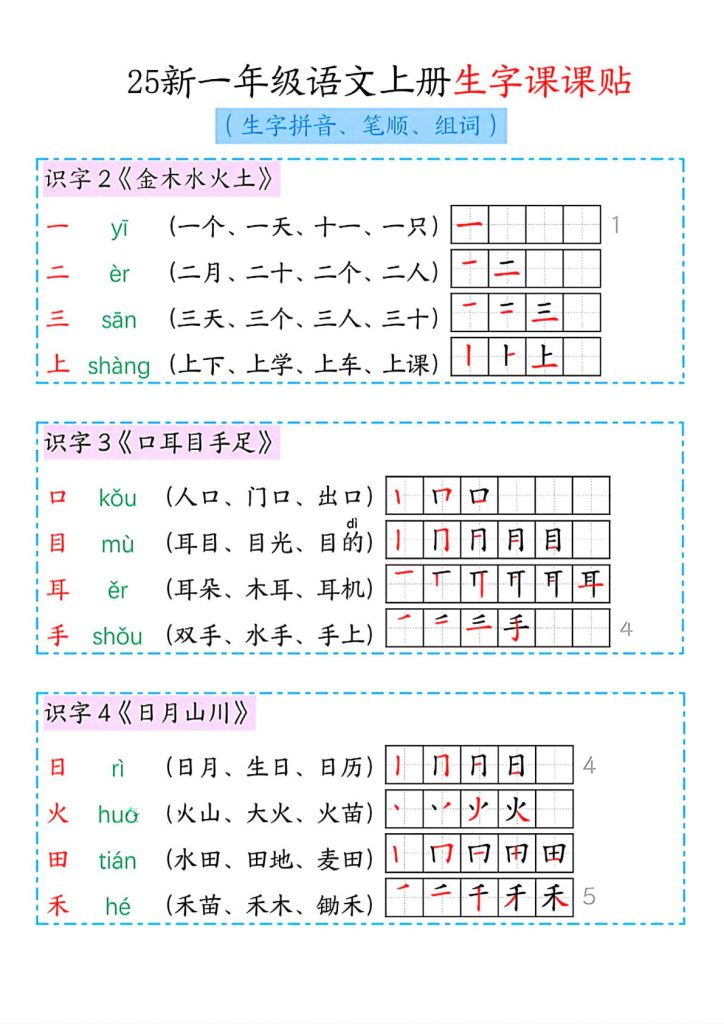 一年级上册语文【2025秋新-生字课课贴（拼音、笔顺、组词）】