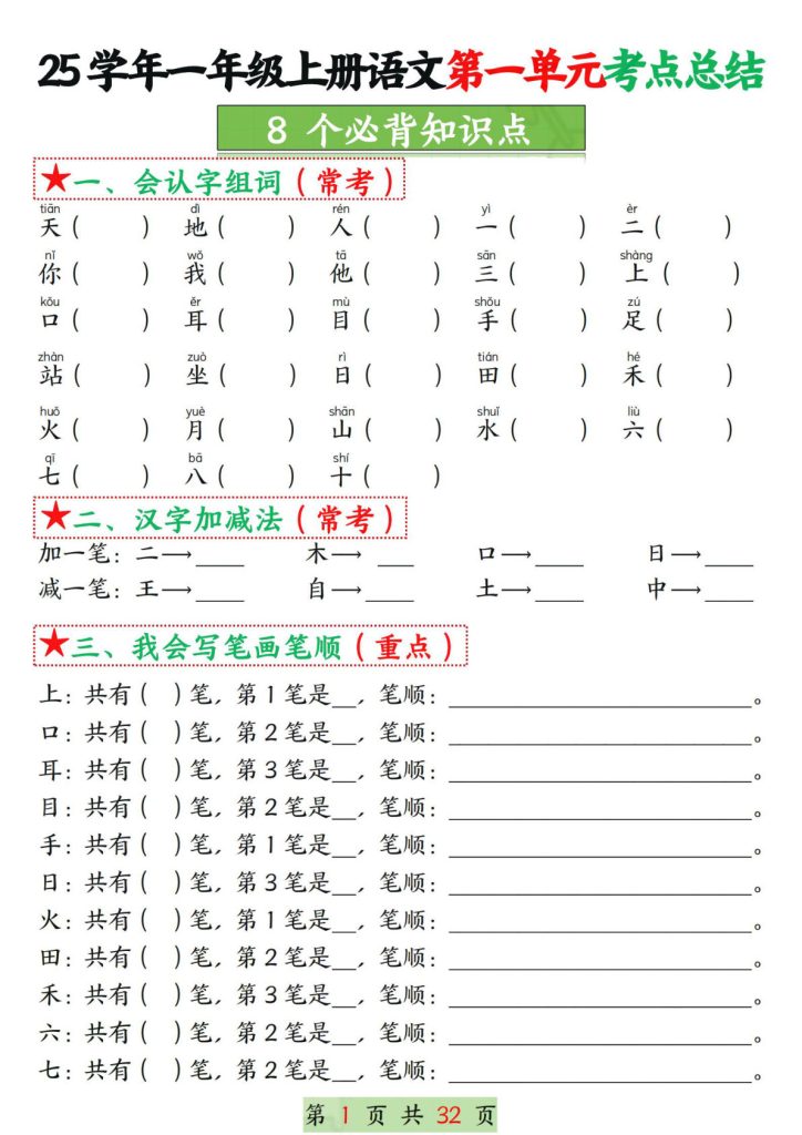【25学年一年级上册语文1-8单元考点总结（8个必背知识点）空白＋答案版32页