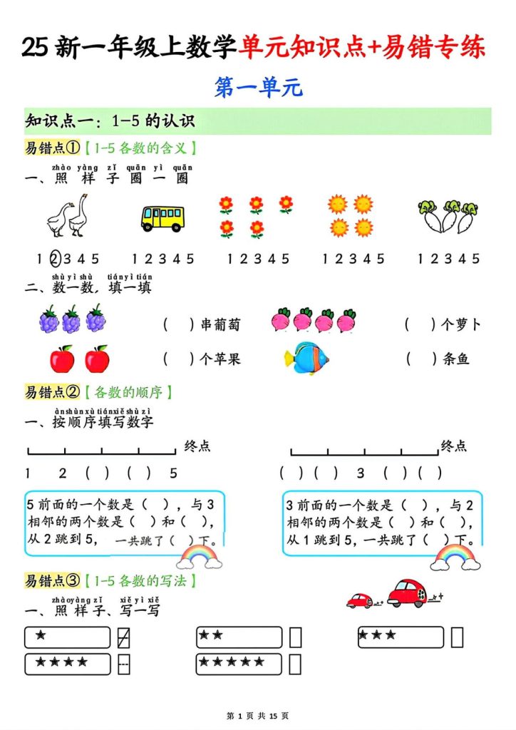 一年级上册人教版数学【25新-单元知识点+易错专练（含答案15页）】